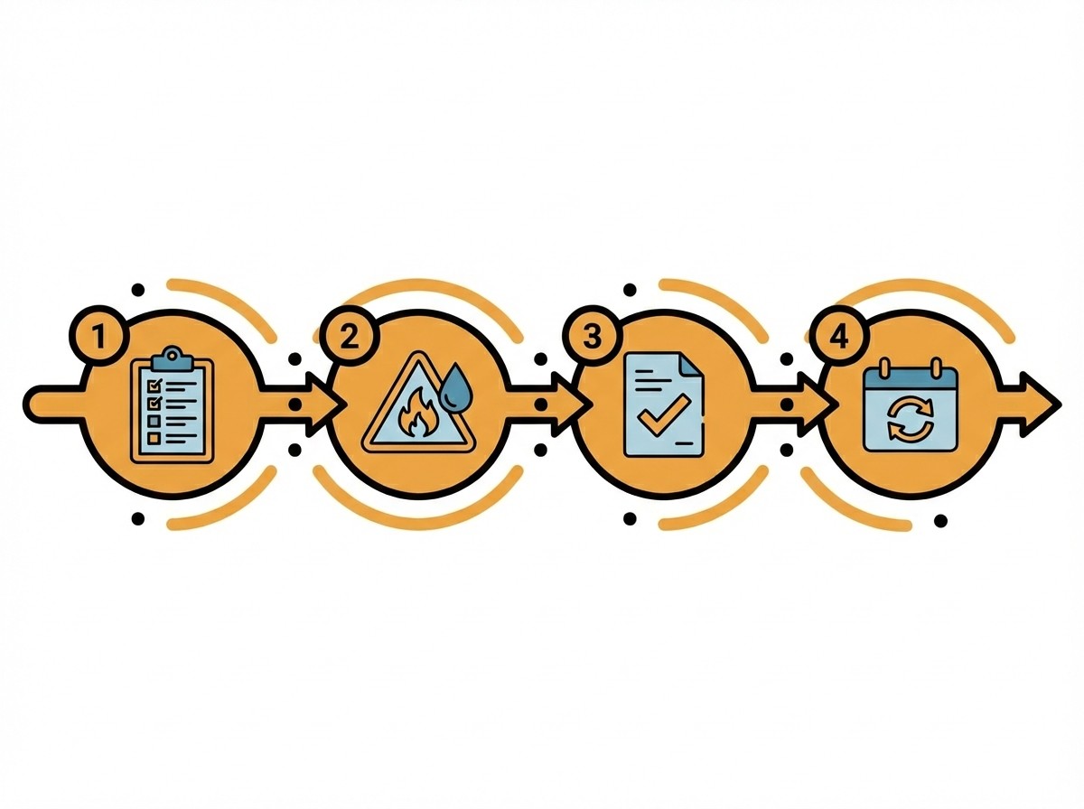 4-Schritte-Diagramm: Checkliste, Warnschild (Feuer/Wasser), abgehaktes Dokument und Kalender mit Pfeilen.