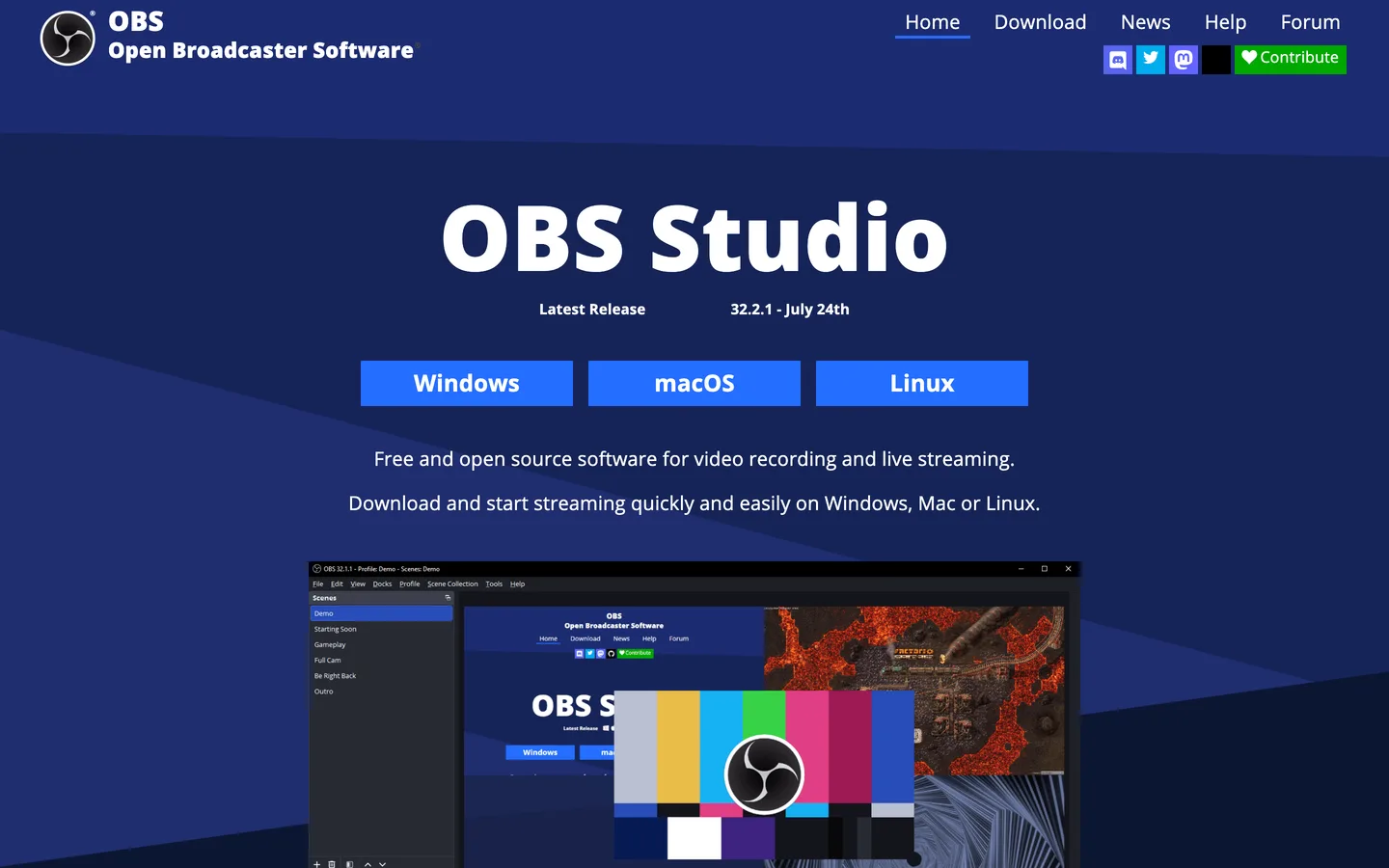 The OBS Studio website with free downloads for Mac, Windows, and Linux