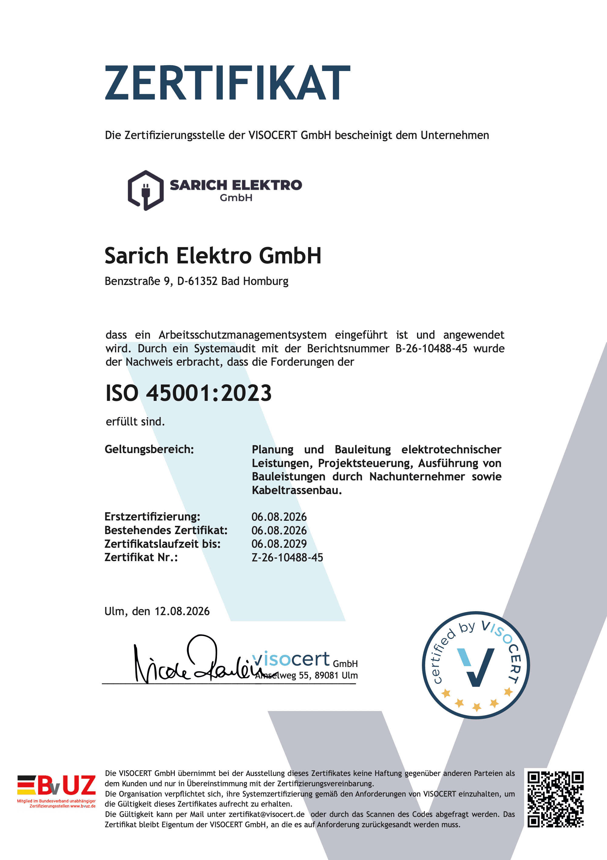 ISO 45001:2023 Zertifikat der VISOCERT GmbH für die Sarich Elektro GmbH
