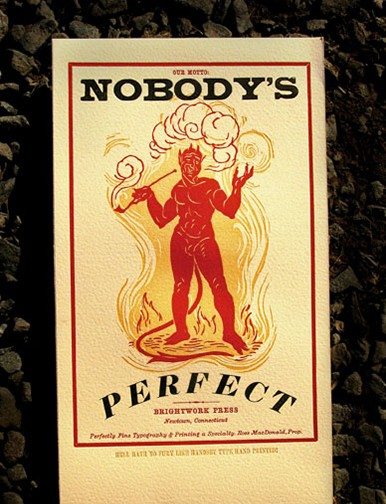 nobody's perfect book cover with an illustration of a red devil surrounded by flames
