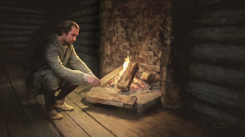 Sacred artwork by Faith and Verse. © Faith and Verse, 2025. All rights reserved. Medieval man tending fire in wall hearth with smoke-hood, interior of wooden house.