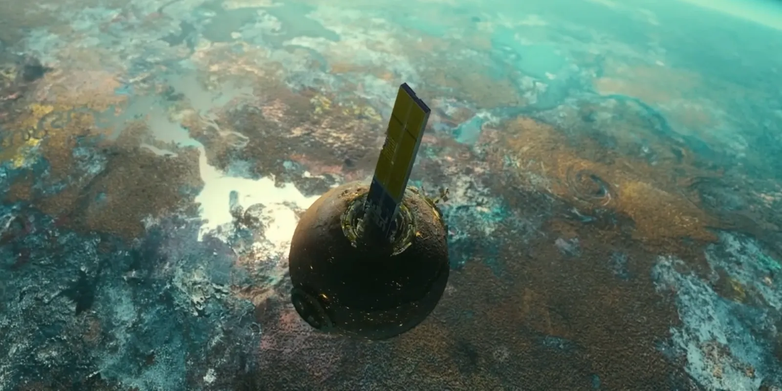 Aerial view of a futuristic circular spacecraft space station located amidst in orbit above a, colourful lush planetary landscape, highlighting advanced technology and space exploration.