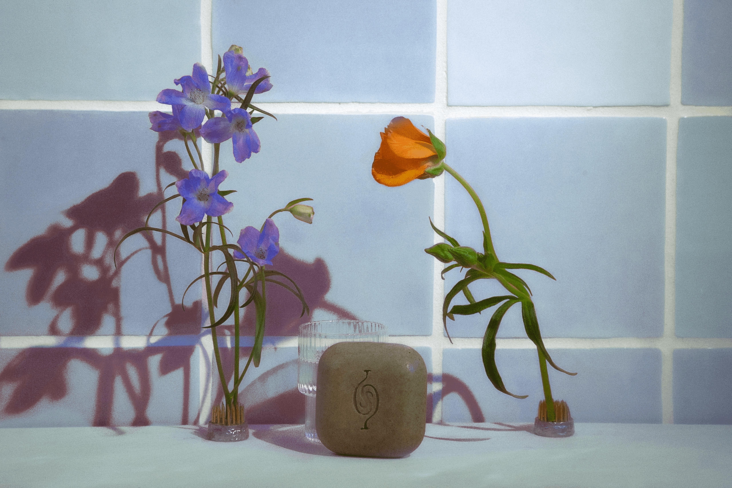 Two vases of flowers sit on a white surface against a light blue tiled wall. The left vase holds purple flowers with long green stems. The right vase holds a single orange flower with green leaves. A brown stone with a stylized symbol sits between them. A clear glass is partially visible behind the vases. The tiles are rectangular and arranged in a grid pattern.