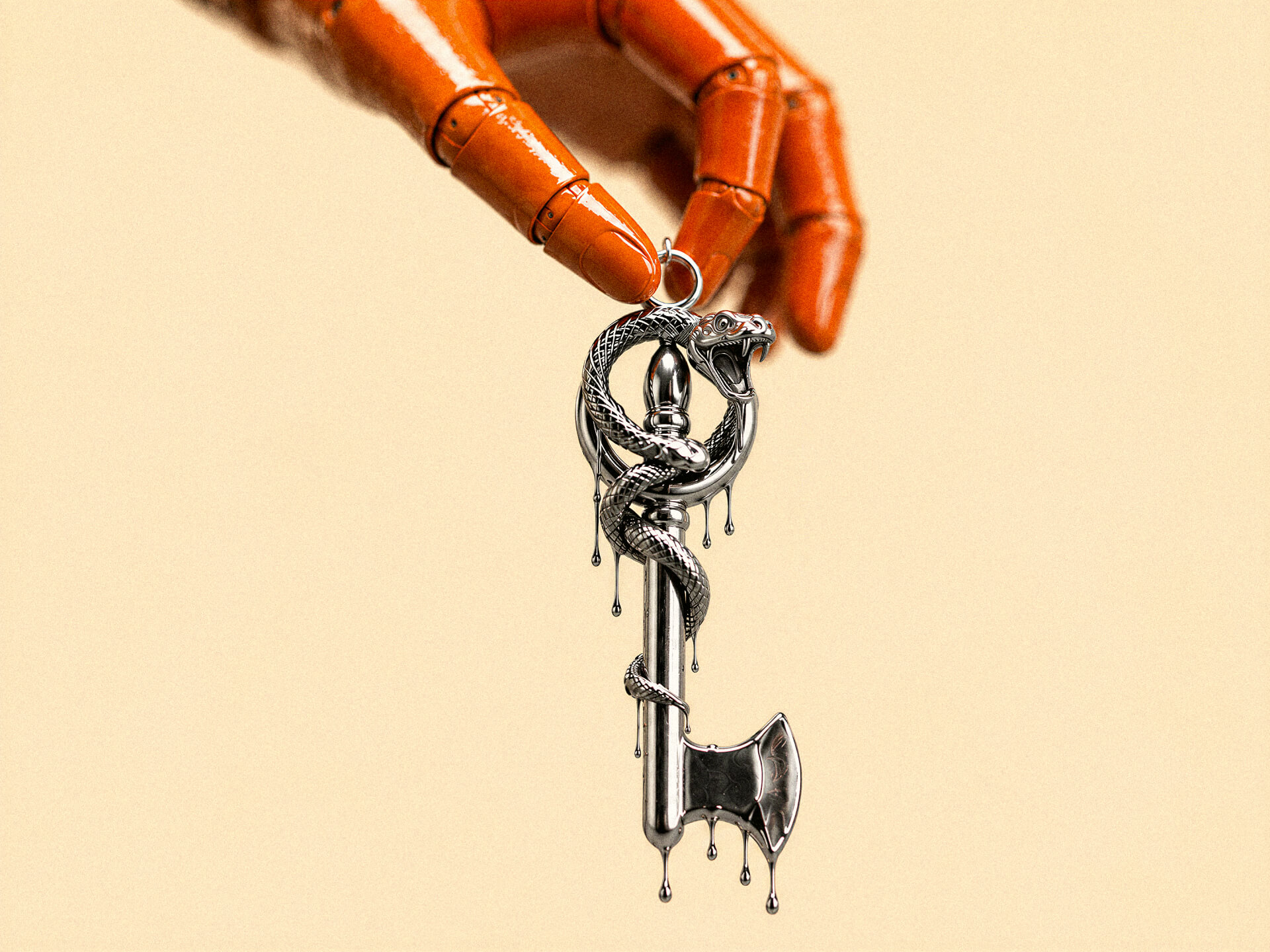 AI licensing document metaphor visual for The Great Blanding article — glossy orange mannequin hand holding a melting chrome serpent key with axe-shaped bit, symbolizing executives using AI as moral cover for cost-cutting, performance management, layoffs, strategic cowardice, and bad corporate decisions disguised as innovation and efficiency.