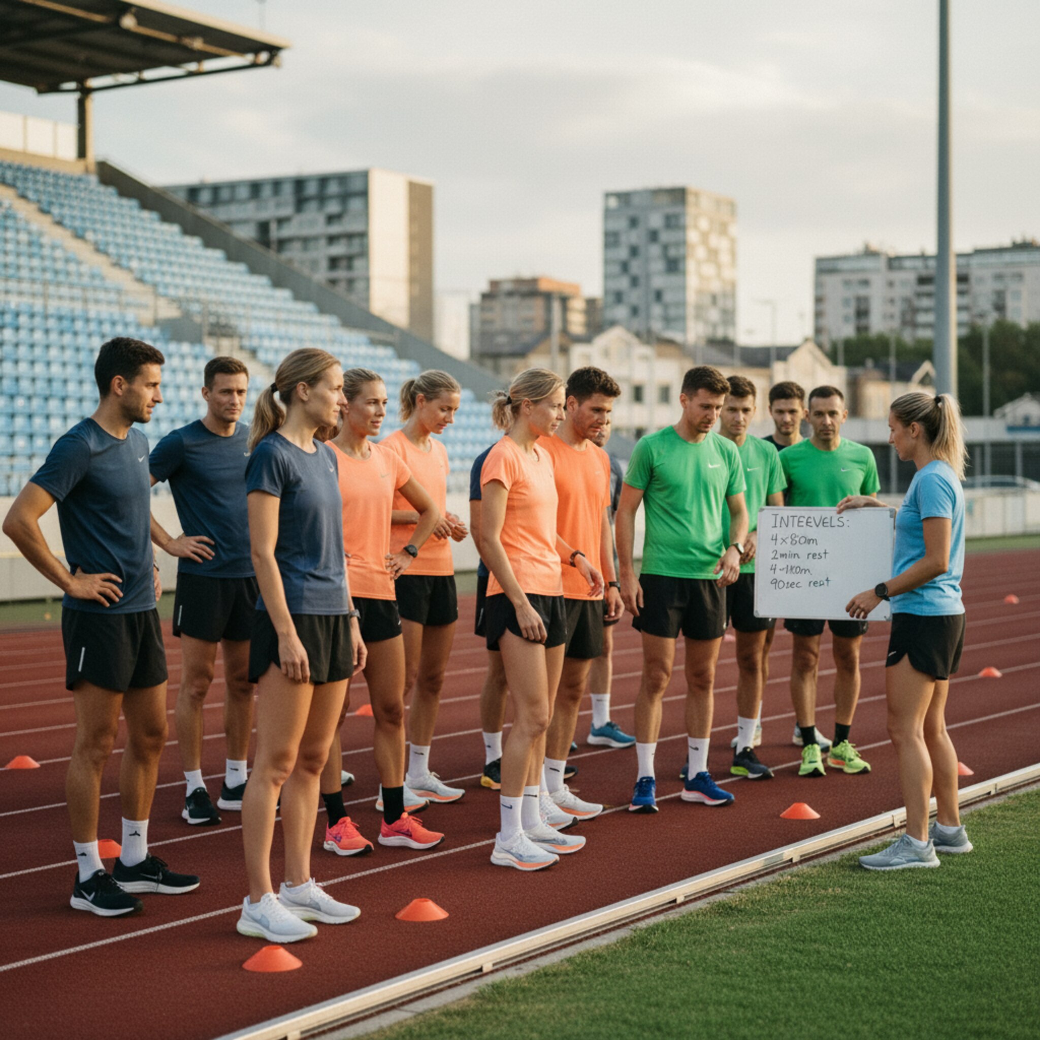 Eine Intervall-Session am Stadion: Läufer stehen in zwei Pace-Reihen neben Markierungshütchen. Der Coach hält eine Tafel mit dem Trainingsschema, dazwischen kurze Absprachen. Eine leichte Brise bewegt die Startnummernbänder. Die Gruppe wirkt fokussiert, die Aufteilung ist klar erkennbar und geordnet.