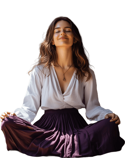 A woman sits cross-legged with eyes closed, wearing a white blouse and a long purple skirt, looking serene.
