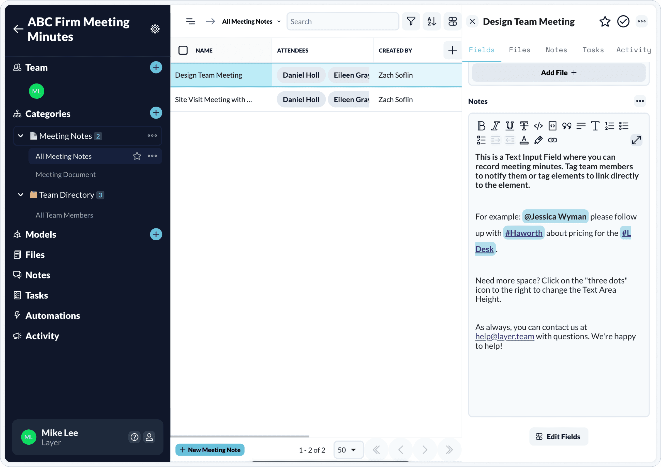 take meeting minutes directly in Layer and assign tasks and followup on items