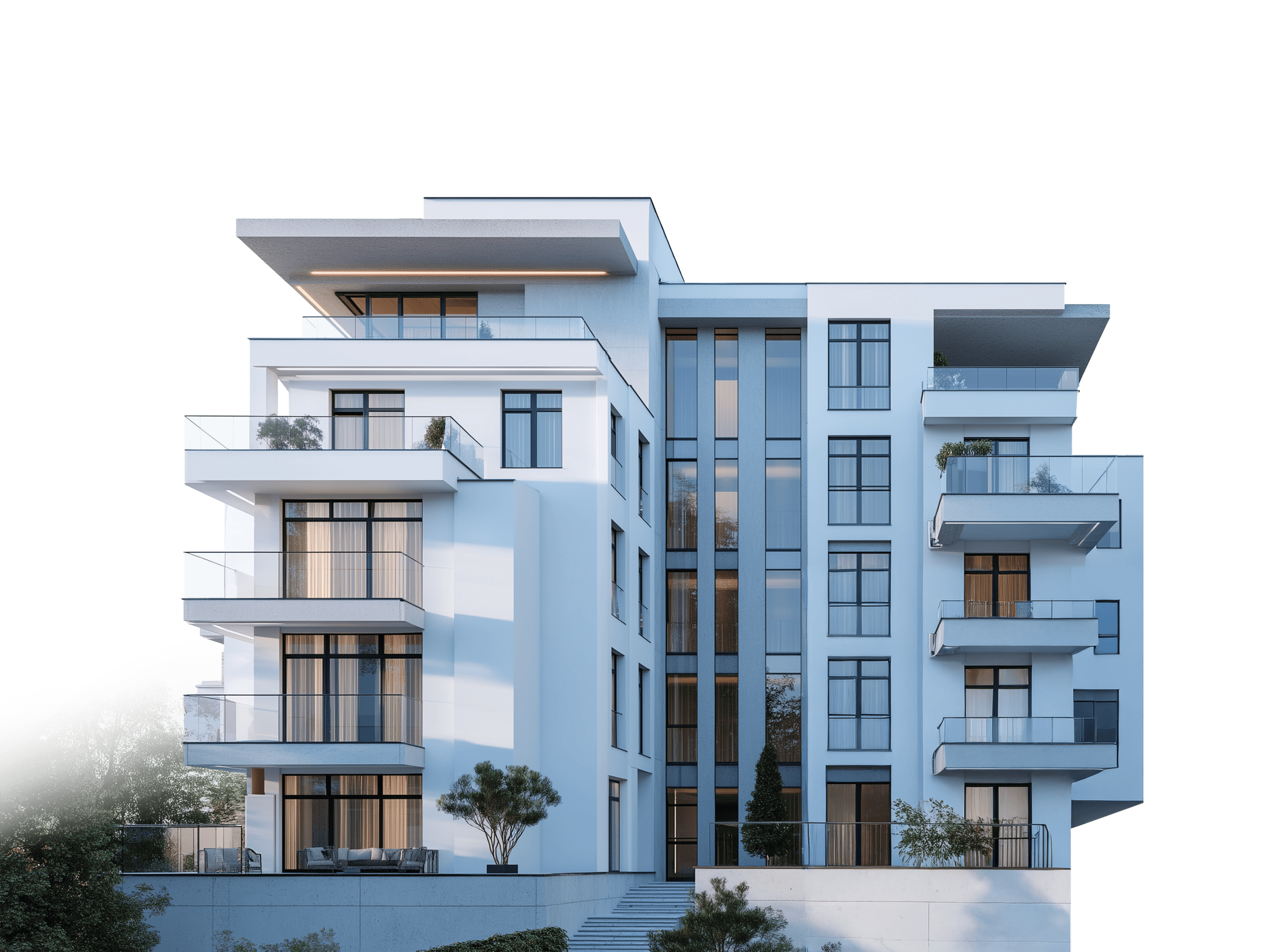 Exterior of a modern apartment building with large windows, representing a dream home for sale.
