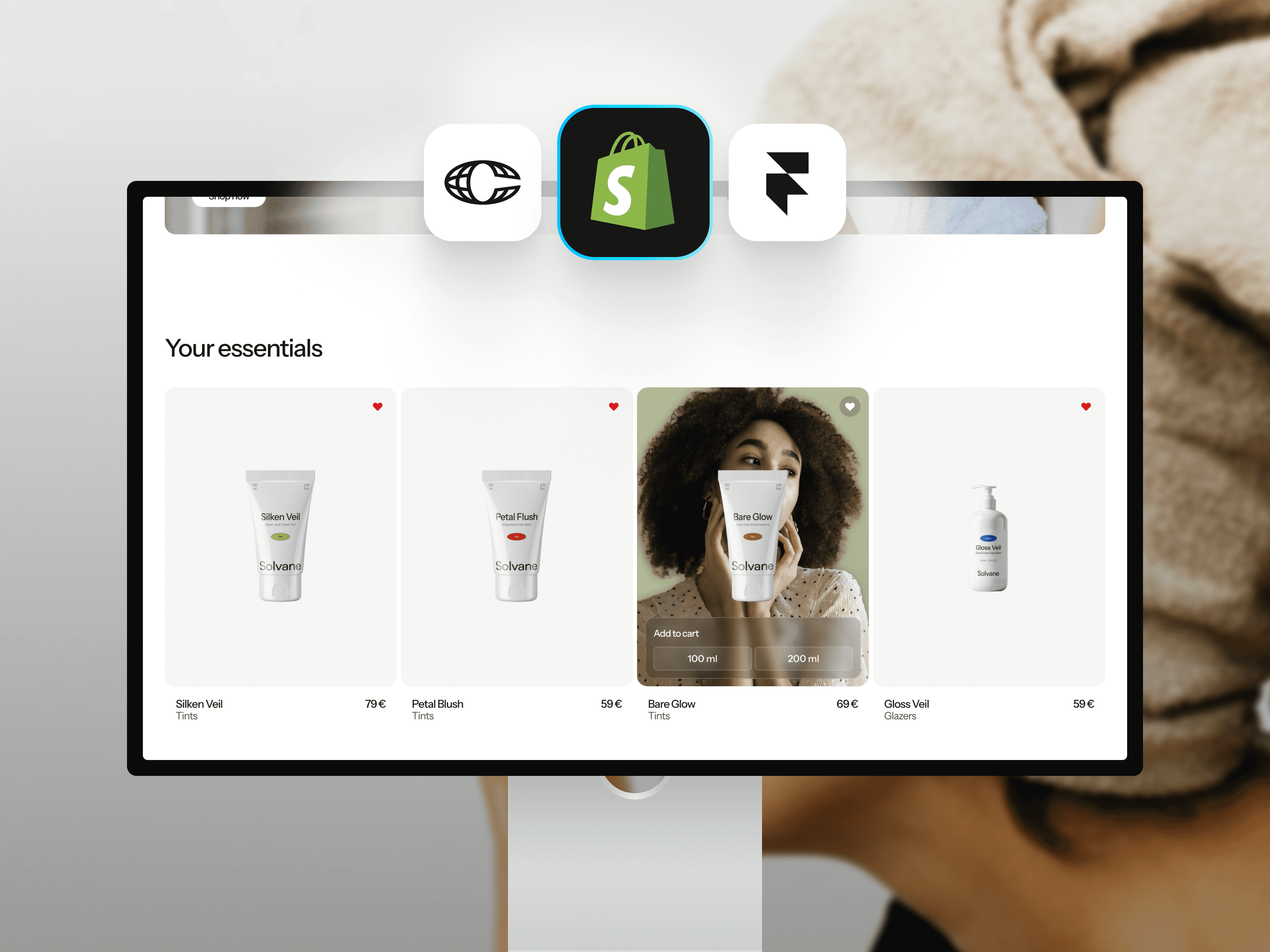 Modern Framer eCommerce template storefront showcasing skincare product cards with clear Shopify and Framer integration icons.