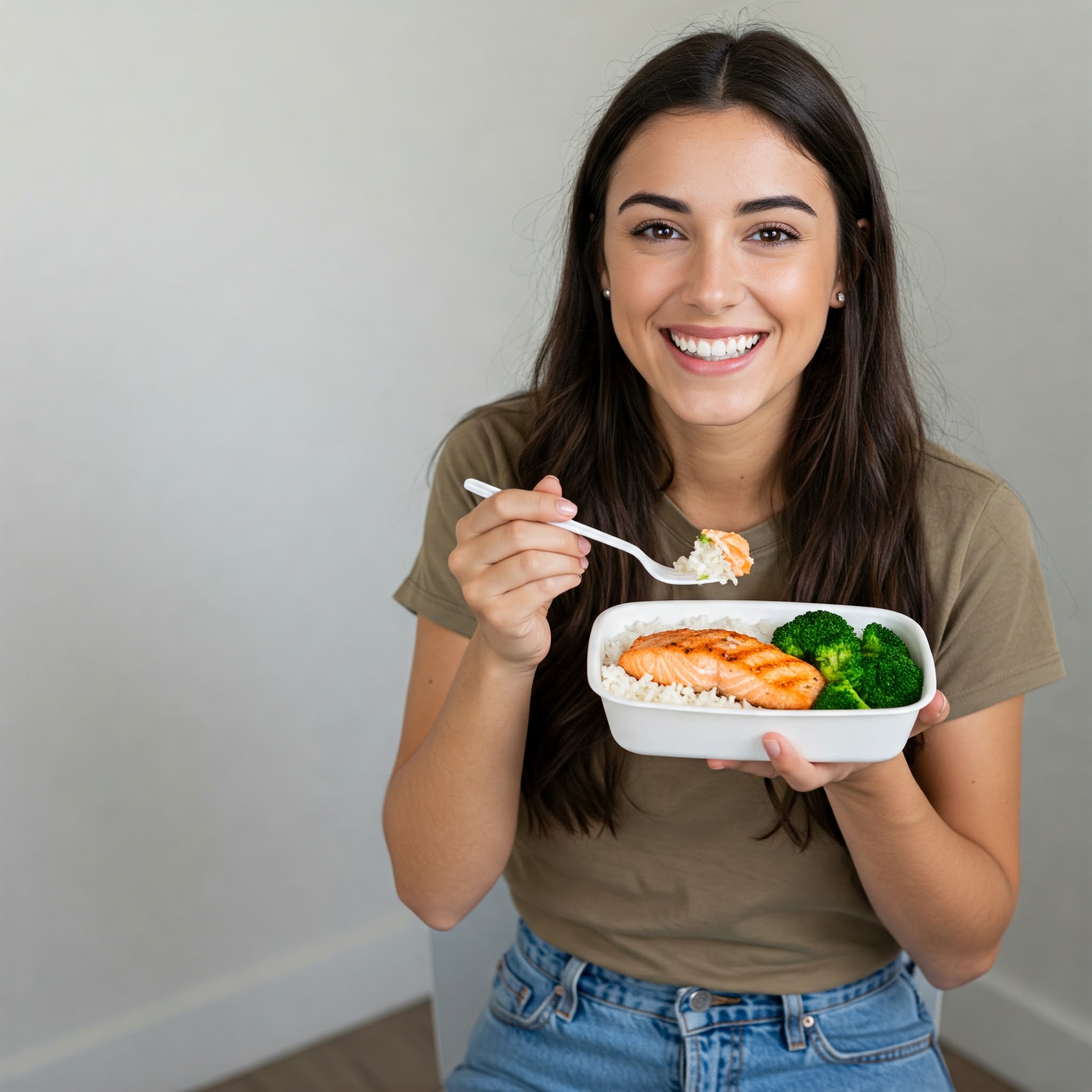 Women in her kitchen eating health meals
