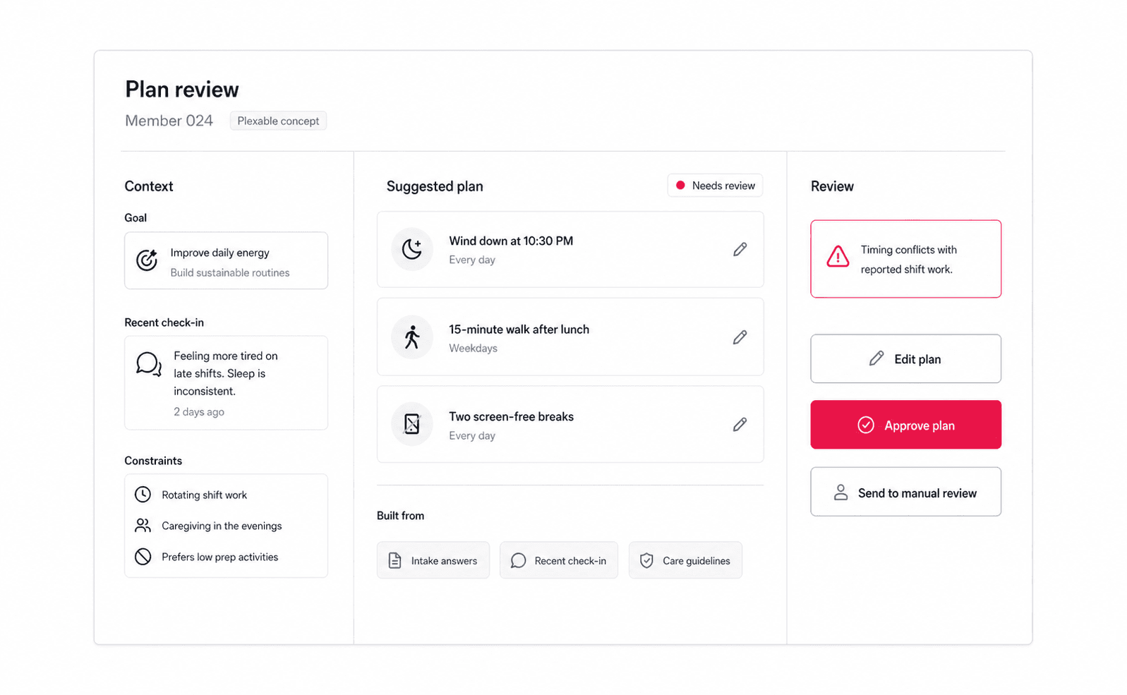Plexable concept showing a human reviewing an AI-suggested wellness plan before approval