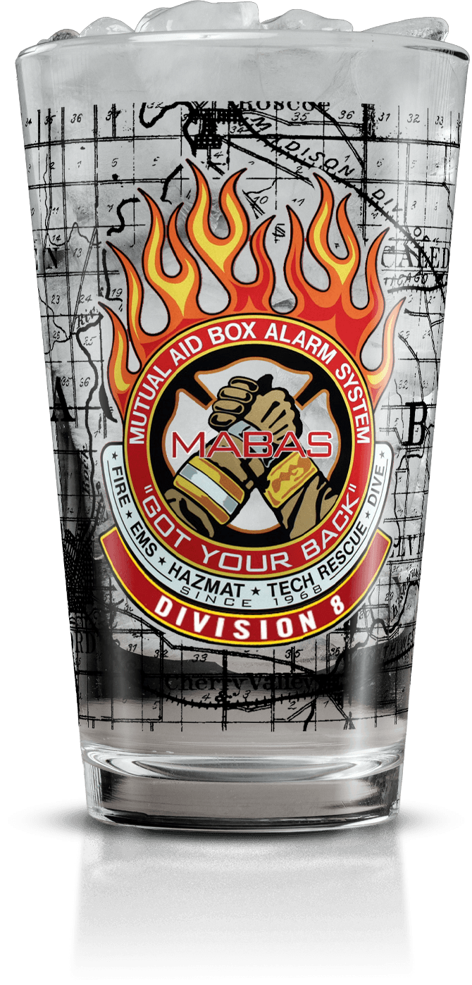 Photograph of a custom Vintage Routes map glass featuring a client brand design