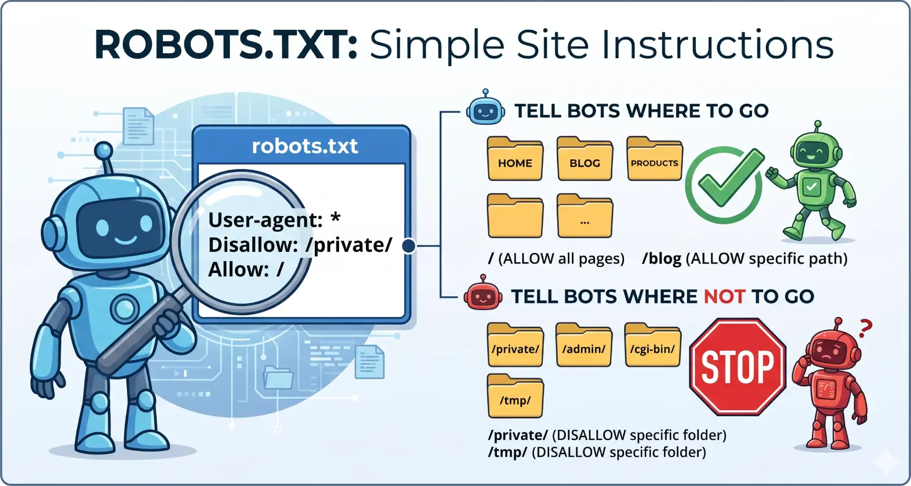 Robots.txt file blocking and allowing folder access diagram