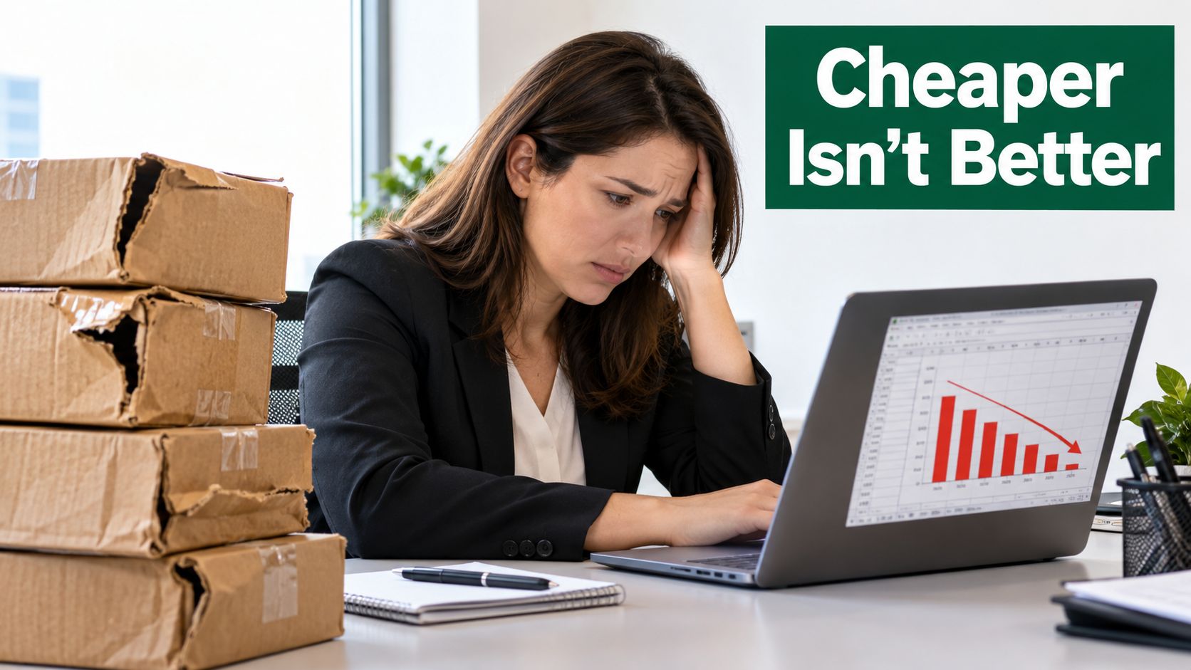 A frustrated business professional looking at a declining profit graph on a laptop next to damaged shipping boxes.