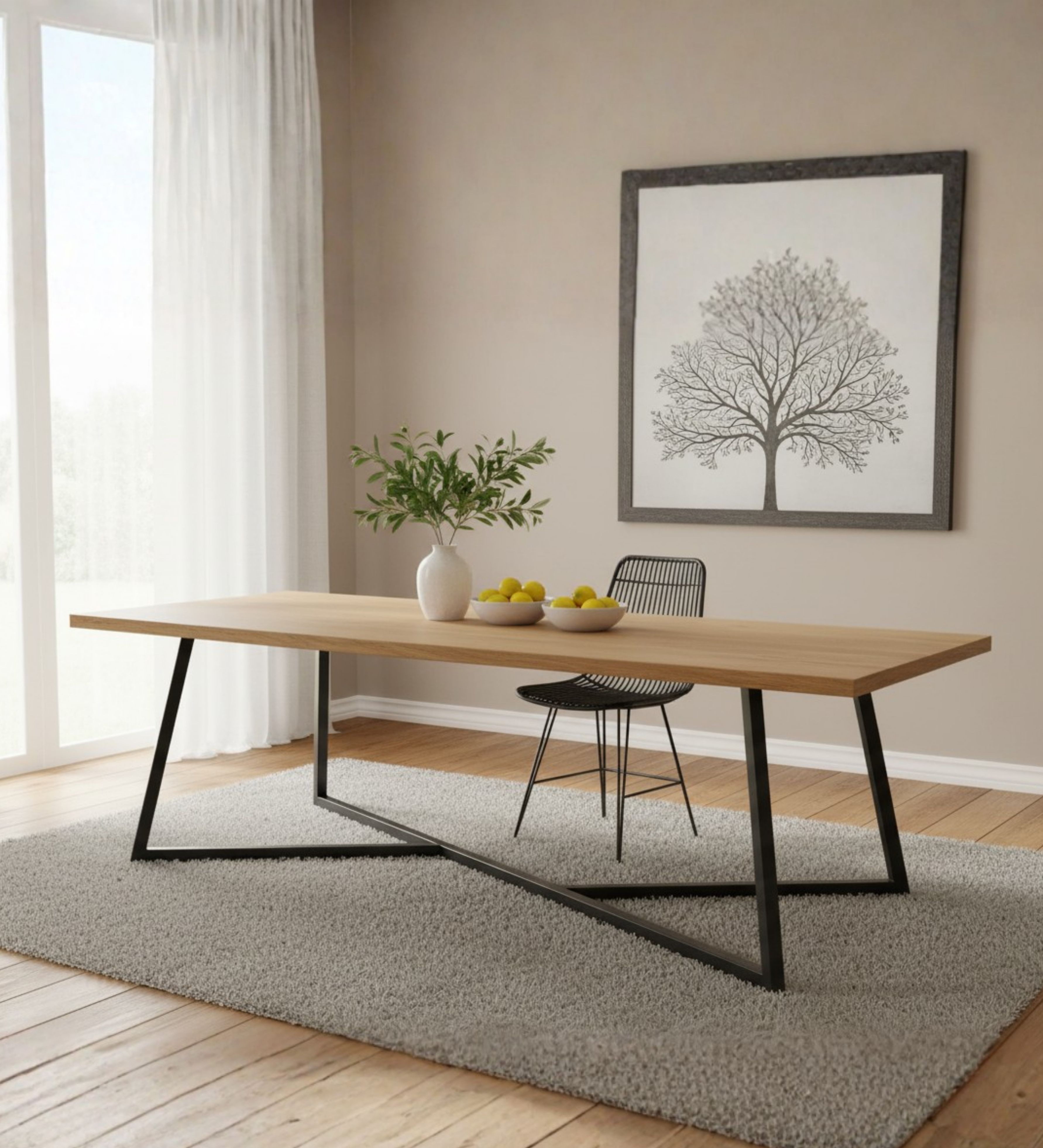 Wooden dining table with angled legs, designed for casual everyday dining