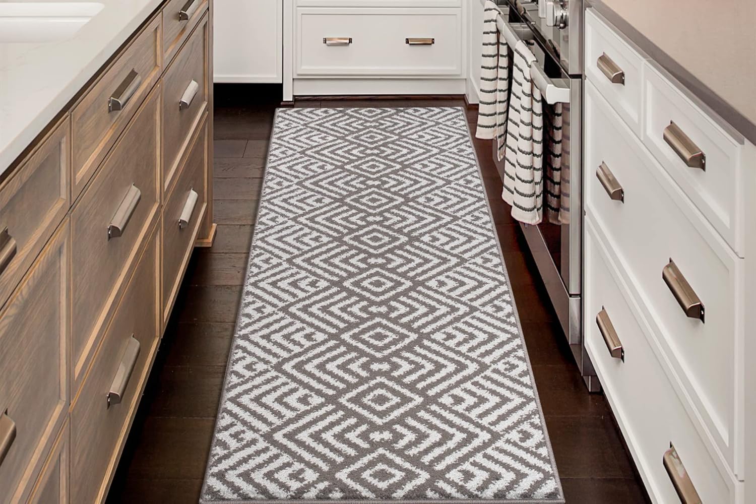 Chevron runner rug enhances the room with its unique design.