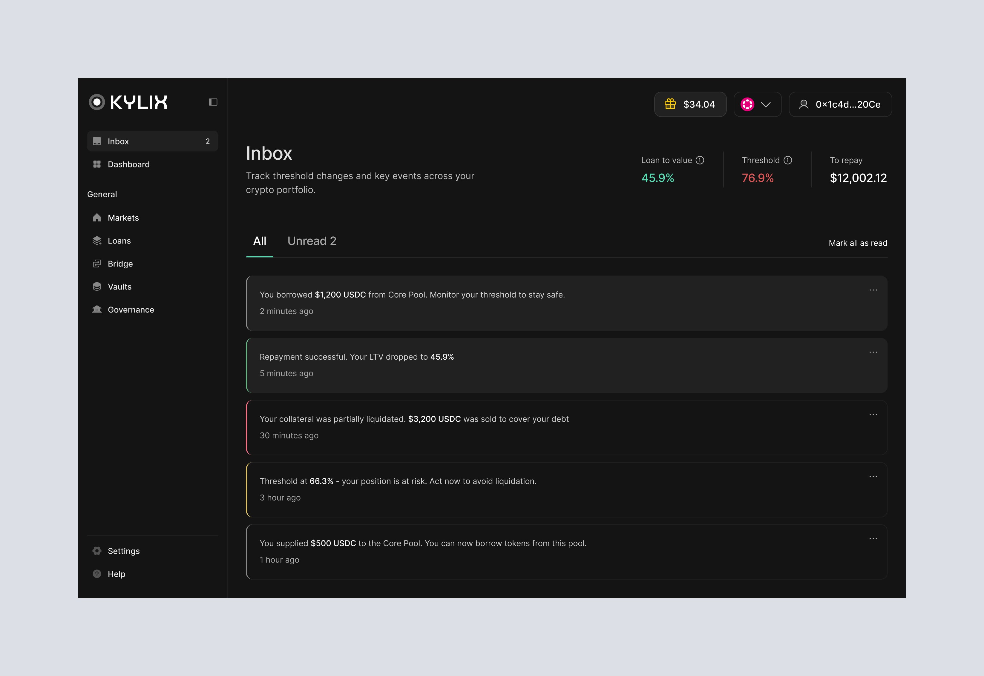 KVLK dashboard: Inbox view with financial data.