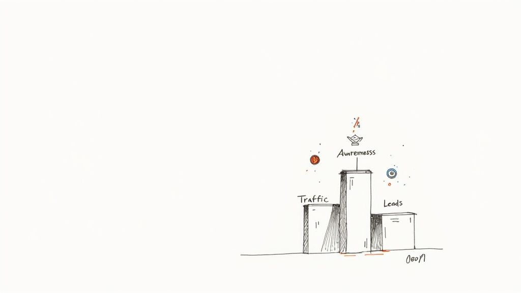 Hand-drawn bar chart showing traffic and awareness metrics higher than leads and conversion growth