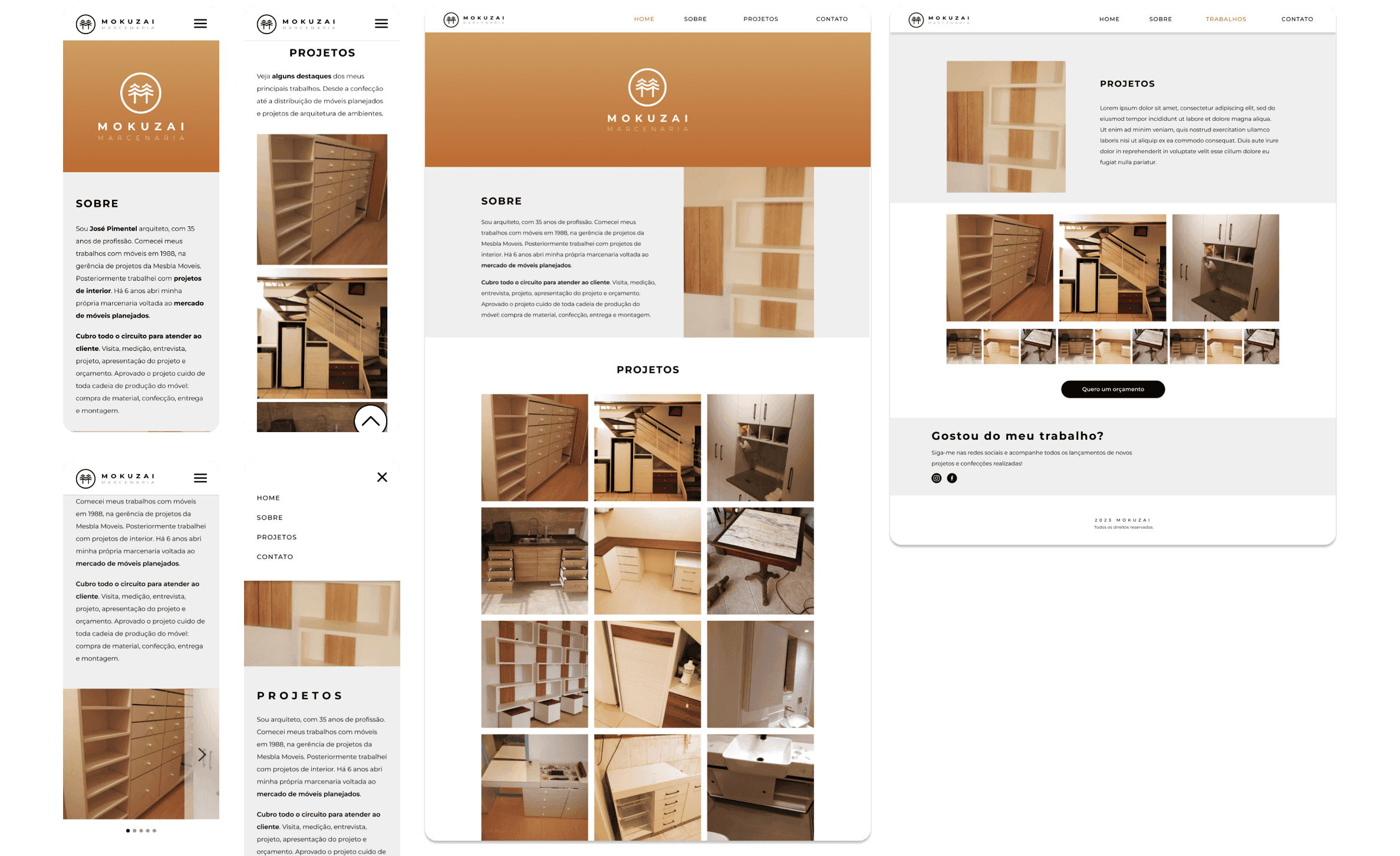 Fotos do layout das telas versões desktop e mobile para o site Mokuzai Marcenaria