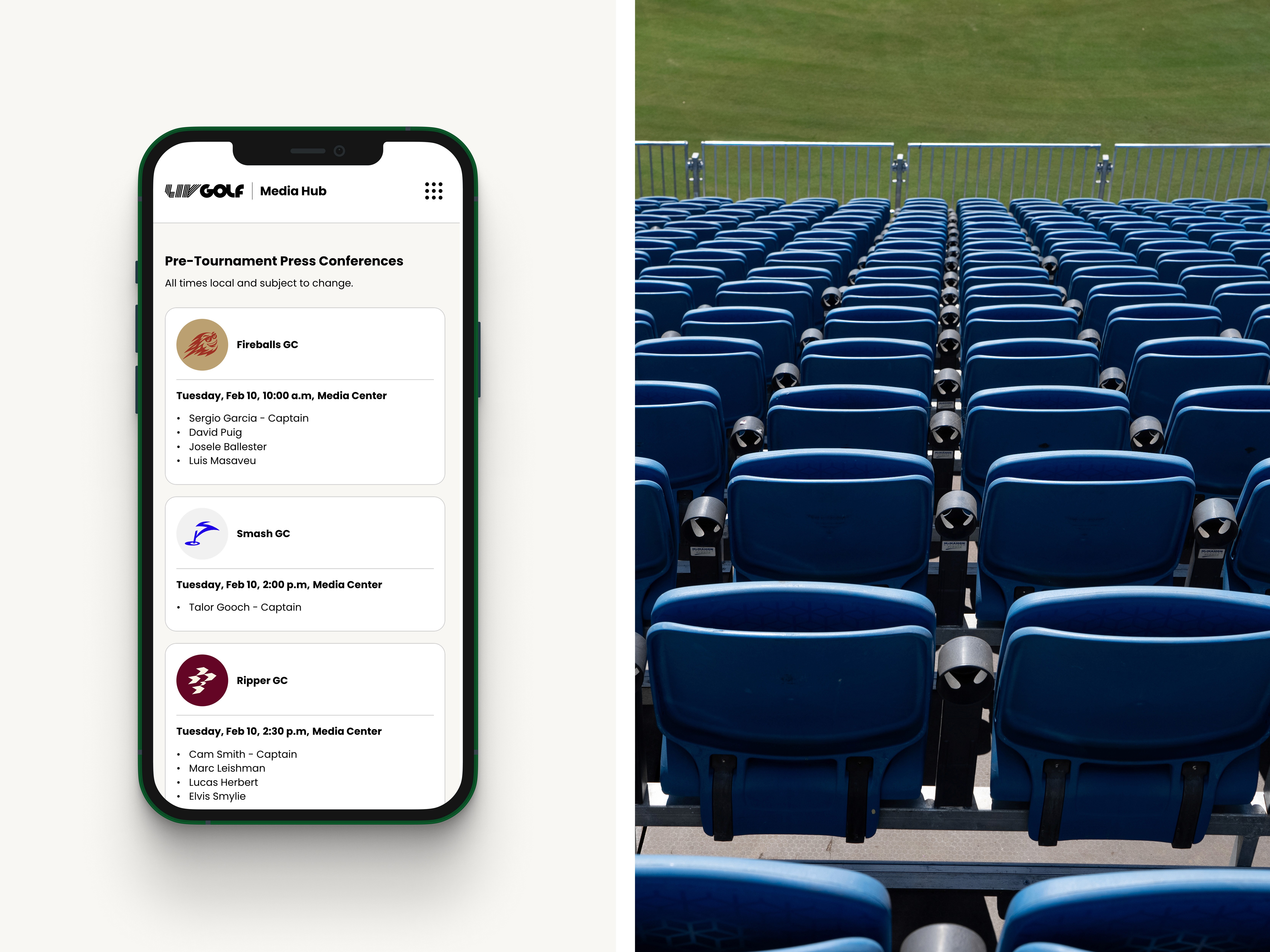LIV Golf Media Hub mobile event layouts supporting access to schedules, press information, and tournament updates.