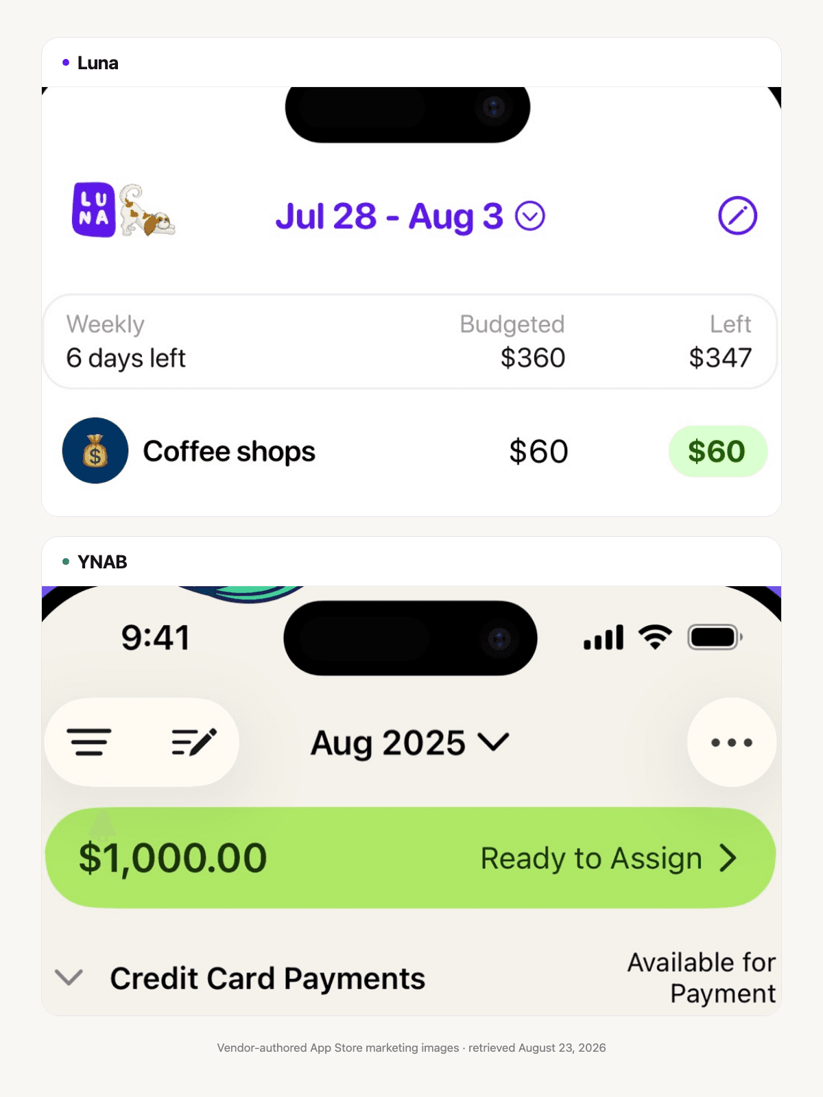Stacked App Store screenshots show Luna's weekly category balance above YNAB's Ready to Assign plan