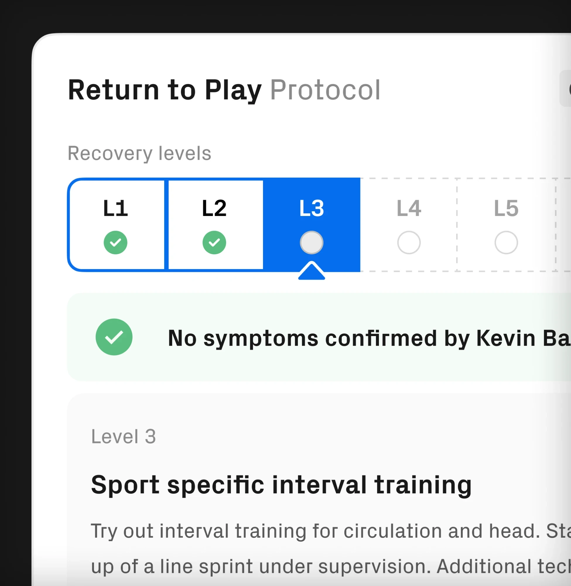 Return to Play Protocol interface showing recovery progress through levels L1-L5, with sport-specific training recommendations for athlete rehabilitation.