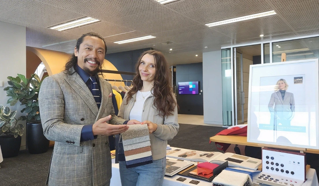 Client visiting Isadora Nim for a bespoke tailoring consultation in Sydney