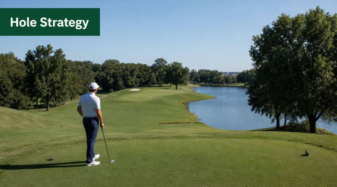 A golfer standing on the tee box overlooking a scenic golf course hole with a large water hazard.