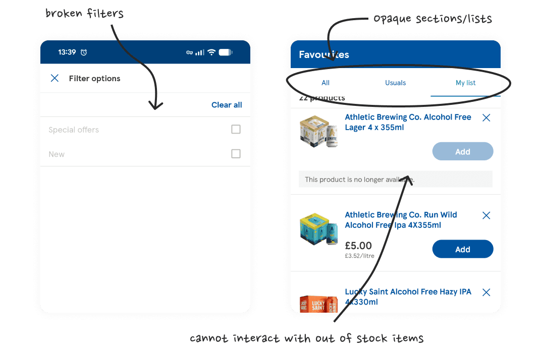 tesco app images showing filtering and my list