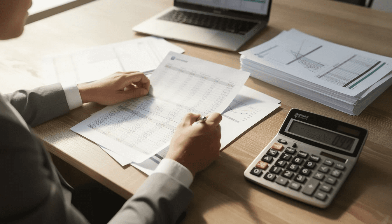 A person is sitting at a wooden desk, reviewing financial documents while using a calculator, likely assessing their income tax obligations or preparing for their personal income tax return. The scene suggests a focus on tax implications related to trust assets and estate planning.