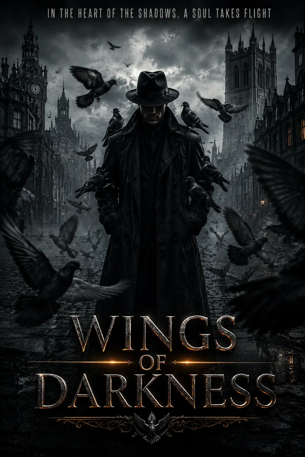 AI-generated gothic fantasy poster of a shadowy figure in a hat surrounded by crows, ruins, and dark architecture.