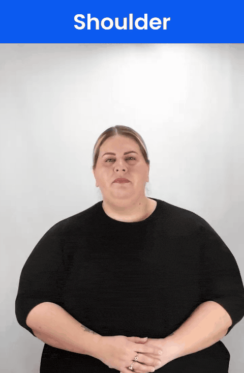 Animated GIF: a Deaf signer signs SHOULDER in ASL, curved fingertips resting on top of the shoulder.