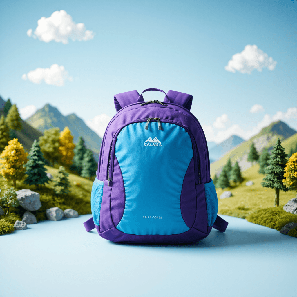 product photography of a backpack with a mountain landscape design