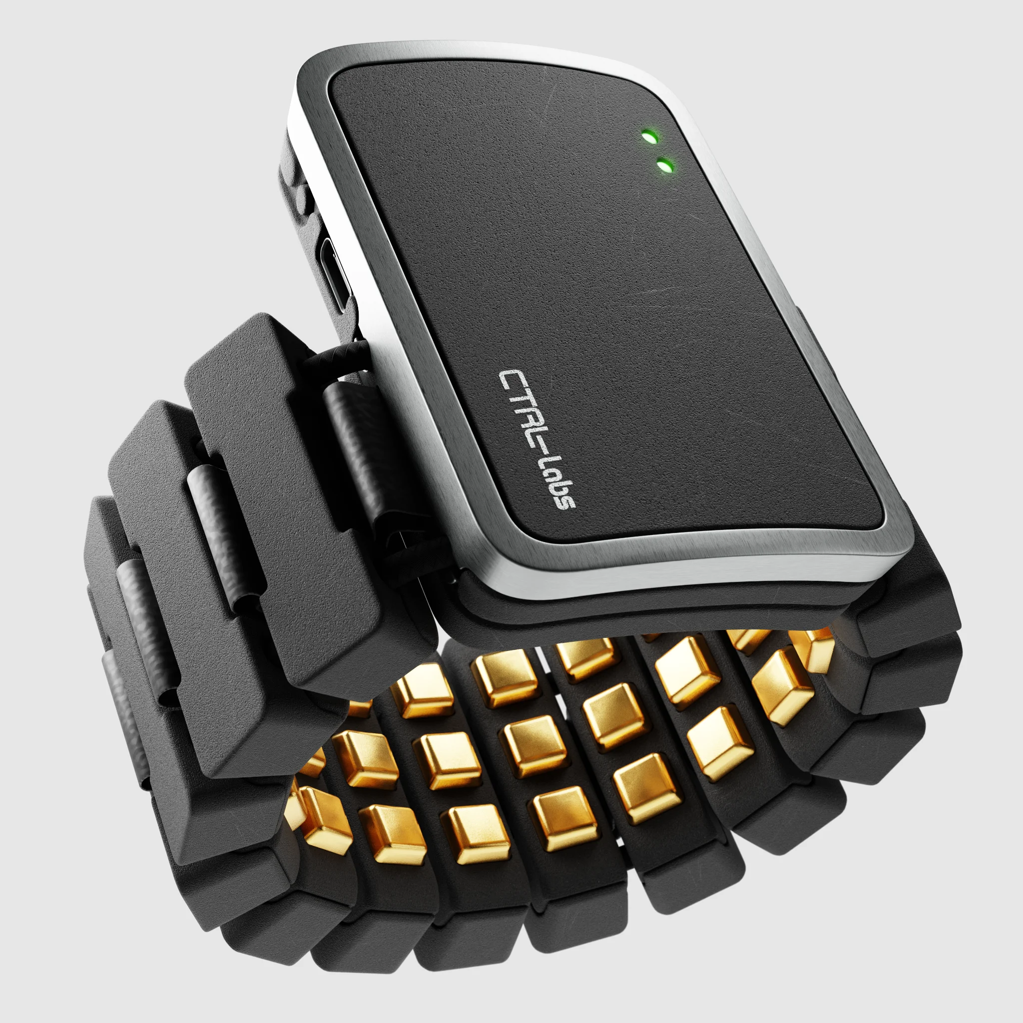 hero view with gold contacts of armband neural device