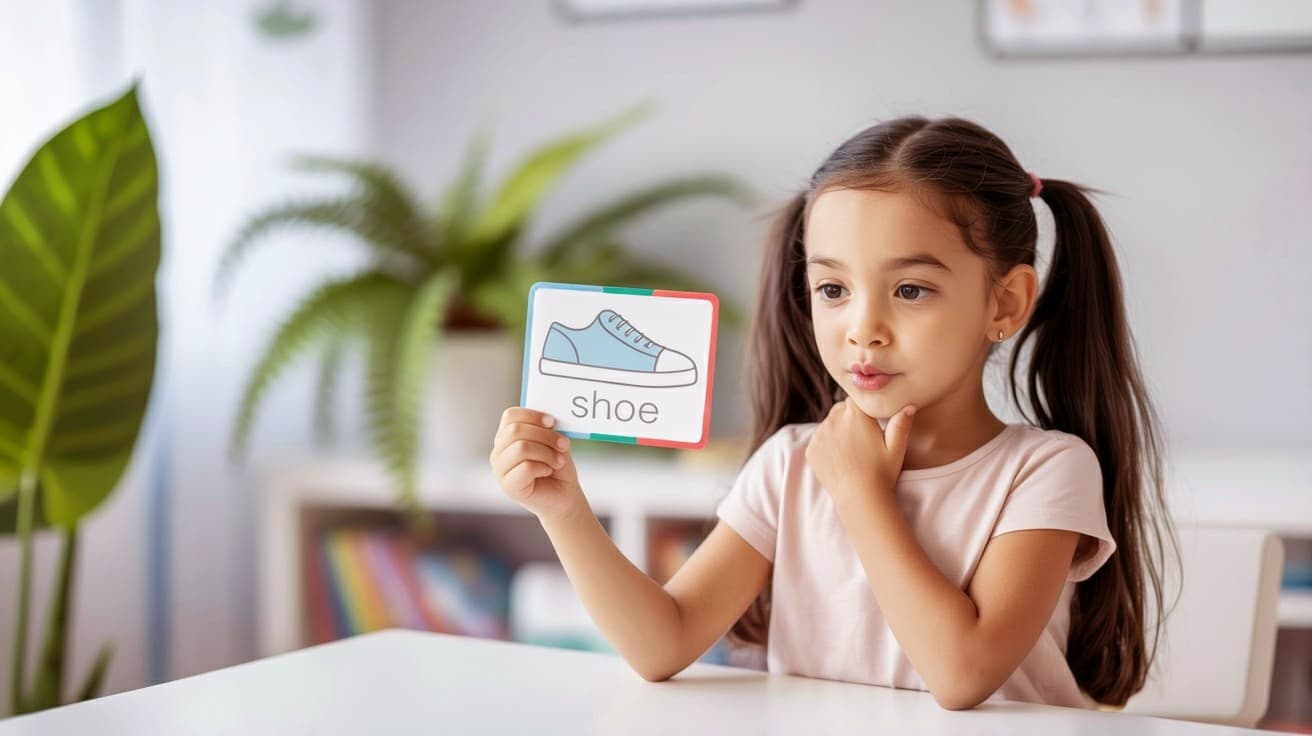 Young girl practicing speech sounds while holding a flashcard with the letter Q during a speech therapy session.