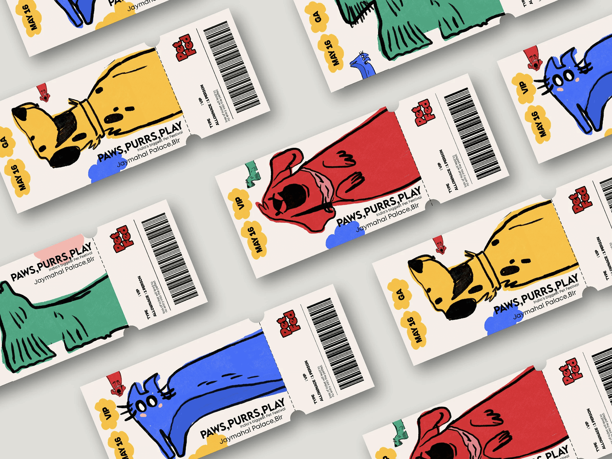Pet Fed event ticket design mockup featuring playful illustrated pet mascots, barcode layout and colorful festival branding.