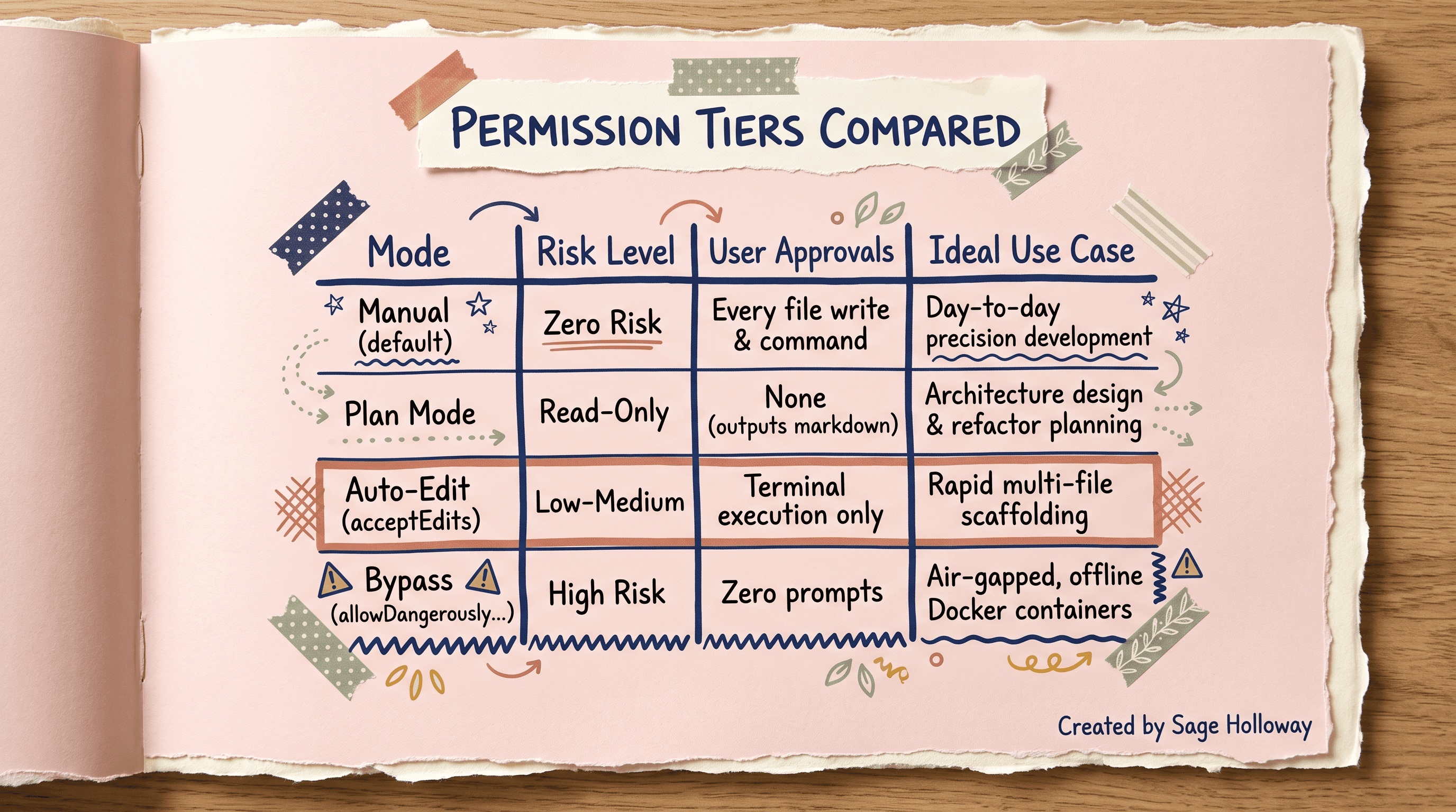 Comparison table of Claude Code permission modes risk levels and use cases