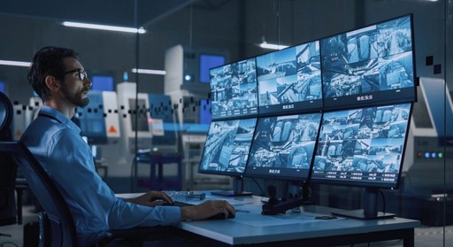 IT professional monitoring multiple security and system dashboards in a control room for managed IT services.