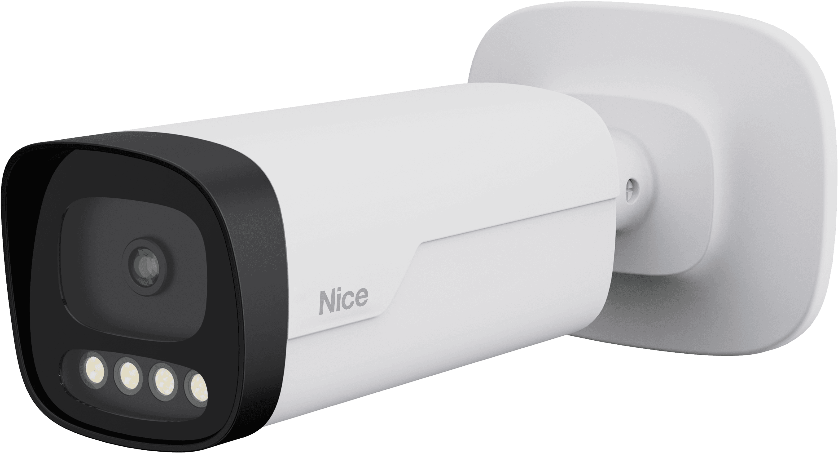 White security camera with black accents and four IR lights