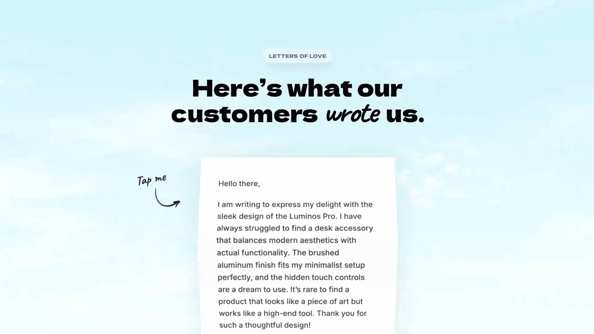 Customer testimonials section with review letter card