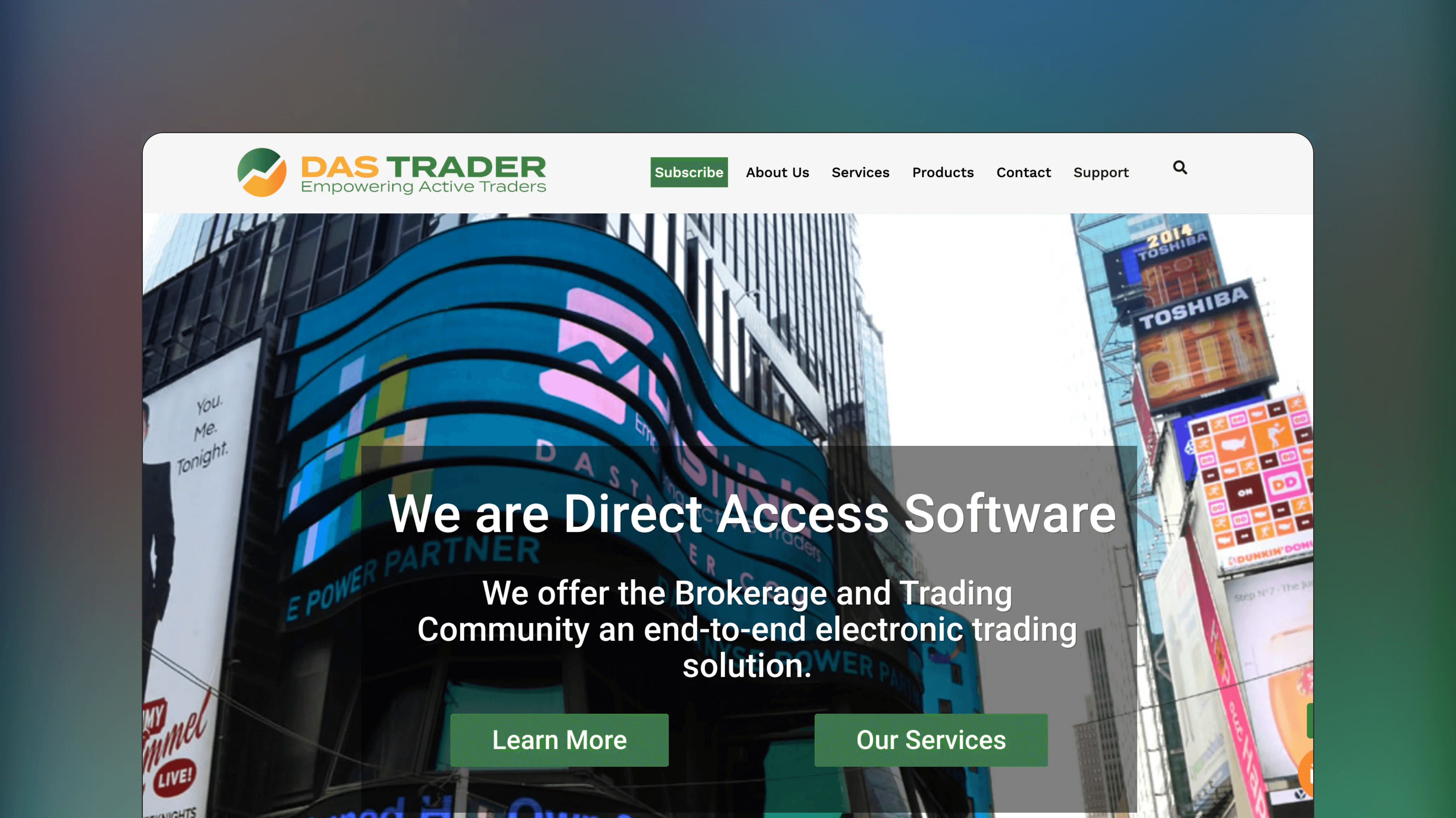 Website preview of DAS Trader, technical analysis charting platform displaying a multi-window interface with Level 2 data and order entry modules.