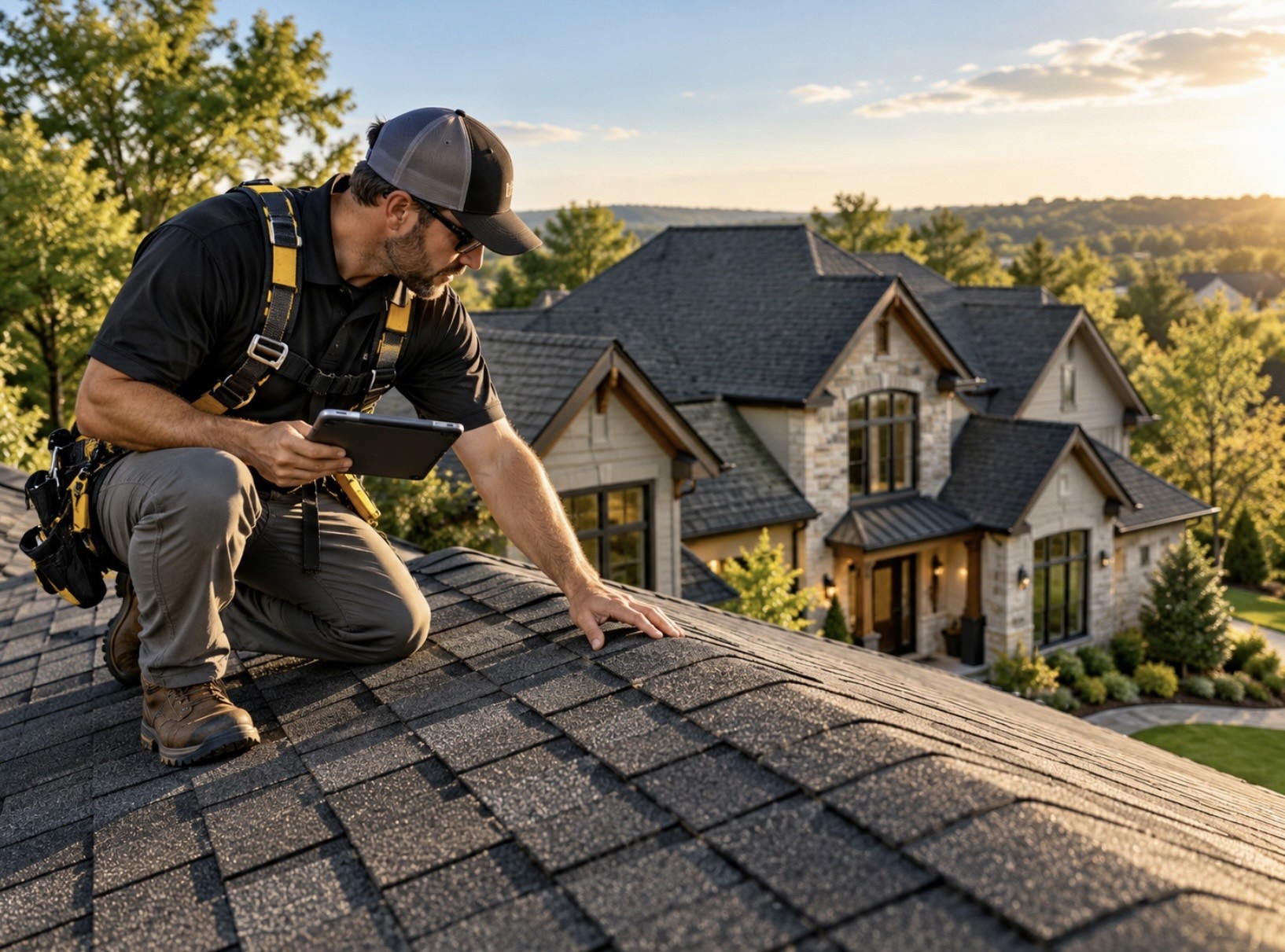 Illustrative roof assessment scene, not a photograph of an ACE employee or customer project