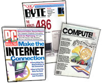 Stack of 1990s computer magazines that distributed Trumpet Winsock software.