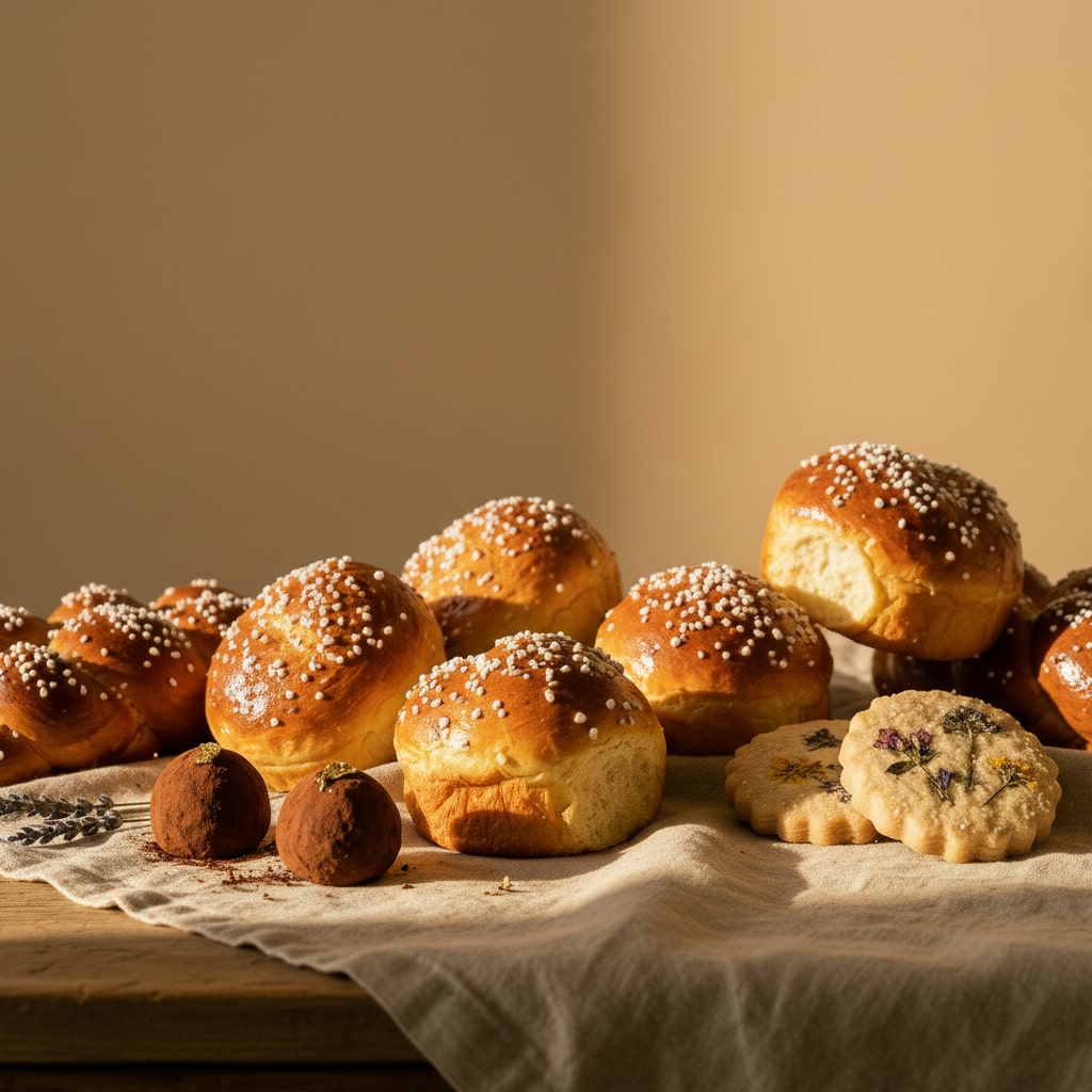 Compositions of sweet breads on a table