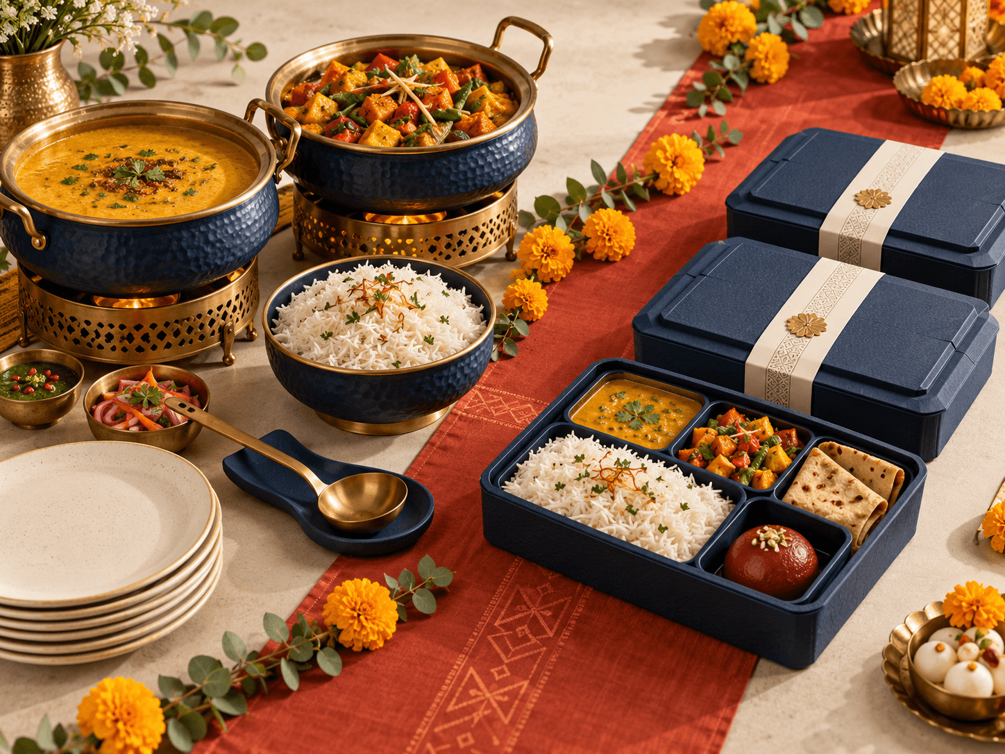 Illustration comparing buffet serving bowls with an open packed meal tray and closed meal boxes