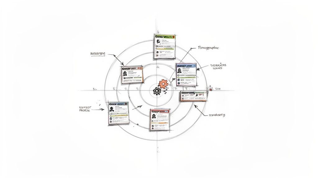 A B2B lead generation target diagram with multiple profile cards mapped by industry, firmographic, and proprietary attributes.