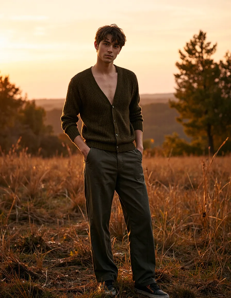 Atmospheric fashion portrait in a golden-lit meadow at sunset, featuring a dark green cardigan against autumn-colored grass with trees in background