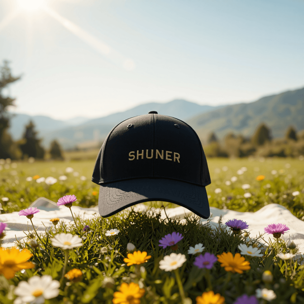 product photography of a cap with embroidered text