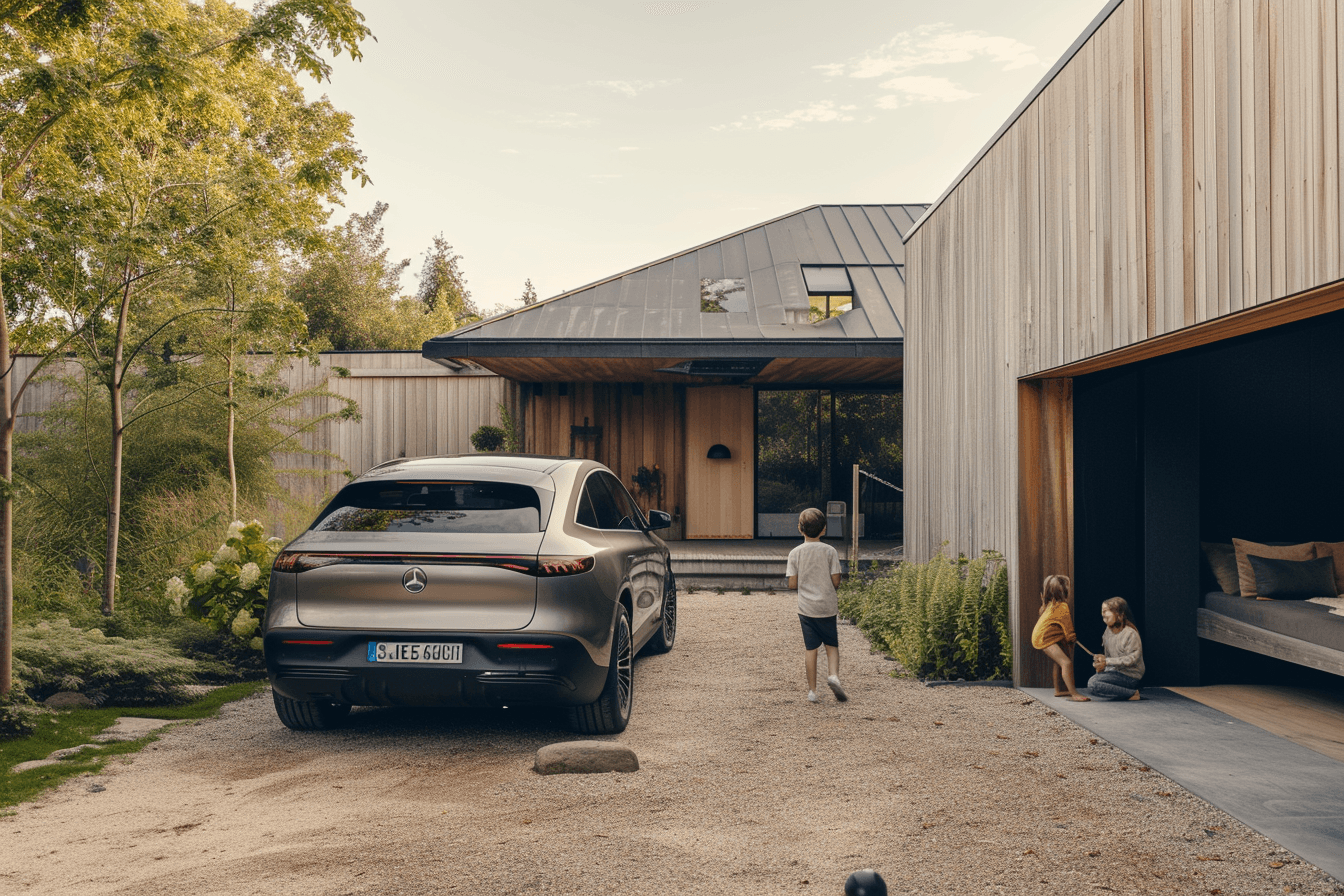 Charging a mercedes in front of a wooden building with children