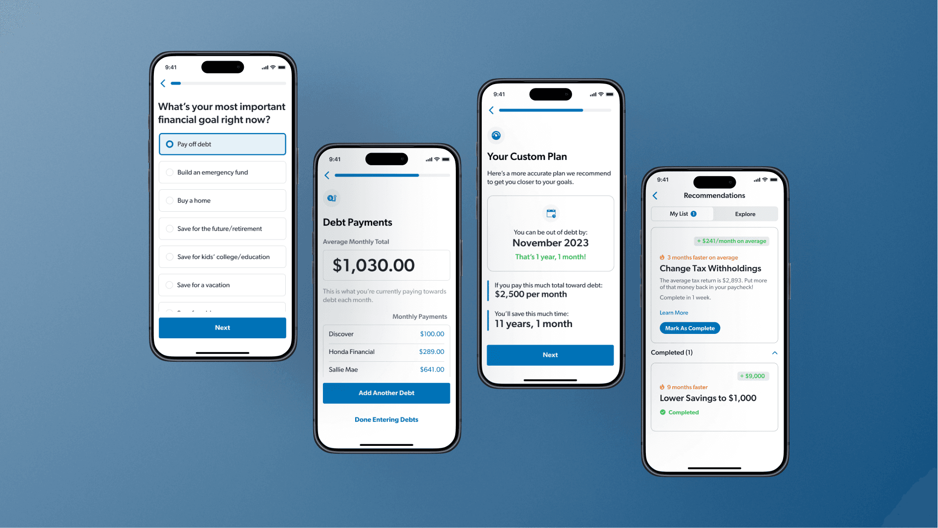 Screens from onboarding, debts, getting a custom plan, and seeing recommendations.